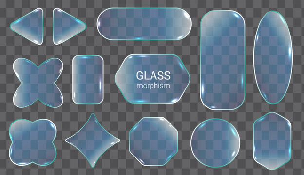 Set of transparent glass morphs with smooth edges and rounded corners. Glass shapes vary: oval, circular, diamond, cross, and rectangular. Each piece has subtle reflections and soft blue tones