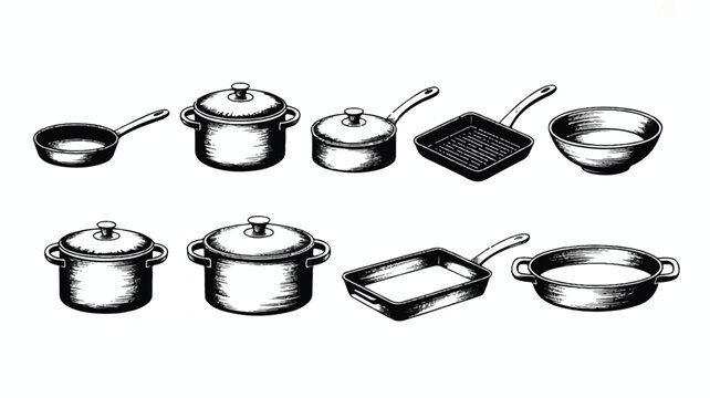black and white drawing of various pots and pans for cooking on white background