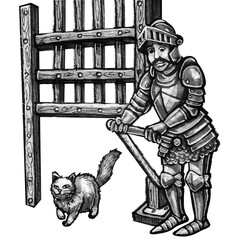 Obraz premium The Knight's Story. A funny, mustachioed knight lifts the gate to let a cat into the castle. Hand-drawn ink illustration