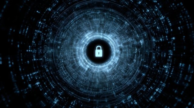 A glowing digital vortex surrounds a padlock icon symbolizing robust cybersecurity and encrypted data protection