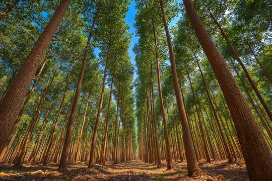 Mature teak trees in a symmetrical plantation environment