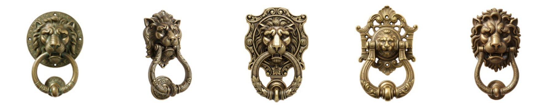 Vintage Brass Lion Head Door Knocker Set Isolated on White Background - Antique Ornate Bronze Animal Door Handles, Luxury Royal Gate Hardware 3D Render Illustration Stock PNG