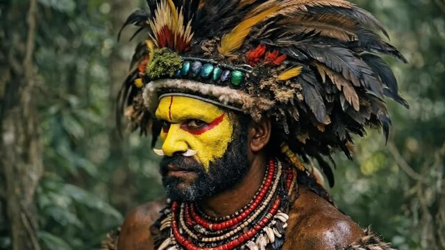 Indigenous man with traditional face paint, feathered headdress, and ceremonial attire in lush jungle
