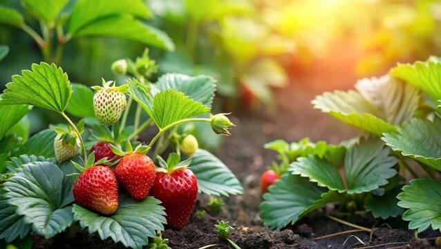 Fresh strawberries with juicy mood as organic harvest growing in garden soil on sunny farm bed