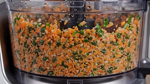 Chopping fresh vegetables in a food processor for healthy cooking.