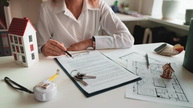 Professional female realtor explains housing terms client while preparing contract in bright office. Real estate transaction with apartment plans, model house and trusted mortgage assistance concept.