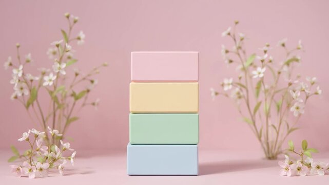 A stack of colorful rectangular blocks with a floral arrangement on a soft pink background, creating a visually appealing composition