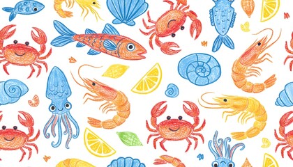 Obraz premium Seamless pattern of colorful cartoon sea creatures and lemon slices