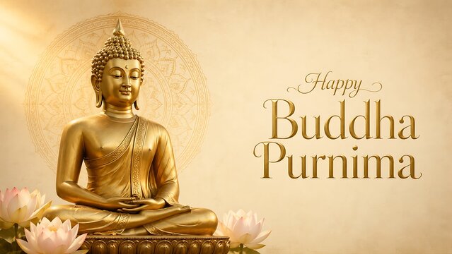 Happy Buddha Purnima Poster with Golden Meditating Buddha and Lotus | Spiritual Festival Greeting Banner