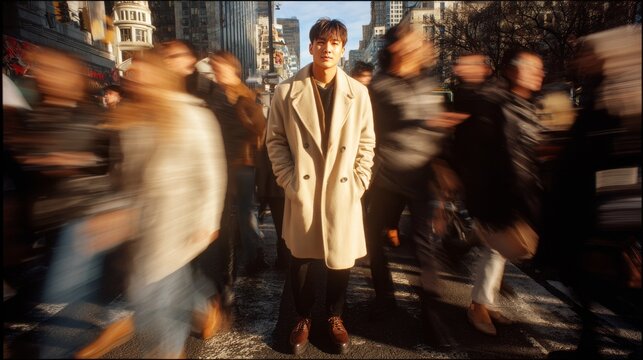 Confident young man in beige coat stands still on a busy downtown street while commuters rush past in motion blur, capturing focus, calm, and urban lifestyle