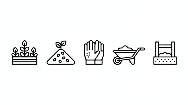 gardening icons with plants soil glove wheelbarrow and rake on transparent background