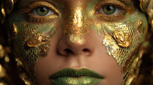 Extreme close up of a woman with metallic gold leaf and green reptile scale face paint, bold green lipstick and dramatic eyes, luxury fantasy makeup concept