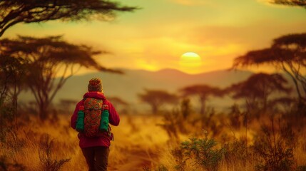 Fototapeta premium Rear view of a solo traveler with backpack walking through golden African savanna at sunrise, acacia trees silhouetted against warm sky and distant mountains
