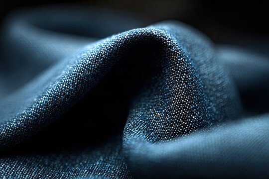 A close-up shot reveals the intricate texture and folds of dark blue fabric.