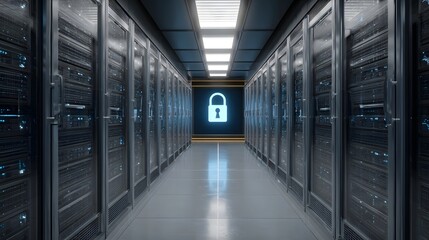 Fototapeta premium A long futuristic corridor lined with complex server racks that draw the eye toward a luminous blue lock symbolizing secure digital access