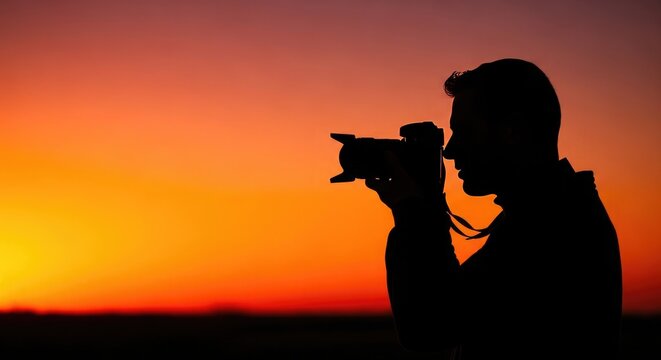 Silhouette of a photographer at sunset capturing a golden hour scene