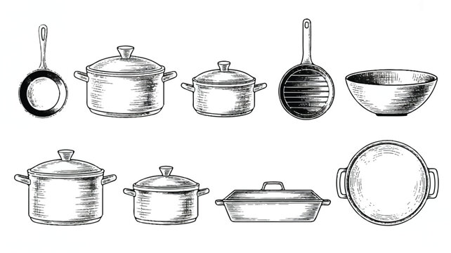 Hand drawn kitchen cookware and dishes  pots pans bowl