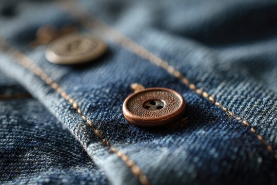 A close-up shot showcases the textured denim and rustic metal buttons of a pair of jeans.