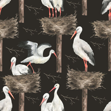 Seamless pattern of storks and nest black