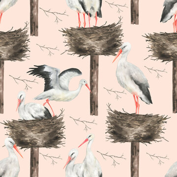 Seamless pattern of storks and nest beige