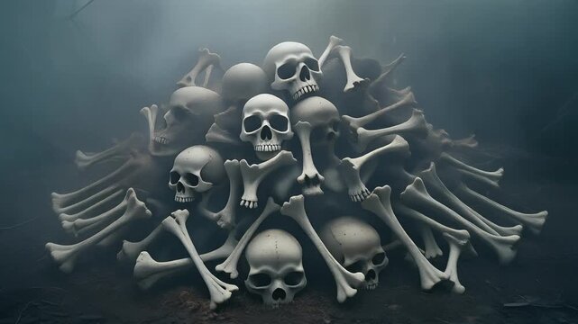 Pile of Bones Arranged in Spooky Pattern with Slow Moving Fog