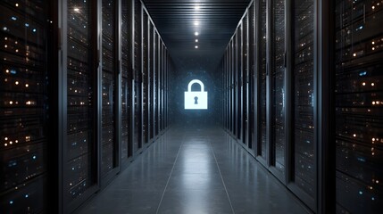 Naklejka premium A dramatic deep perspective inside a futuristic data center corridor emphasizing digital security and protected information