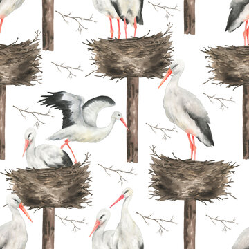 Seamless pattern of storks and nest