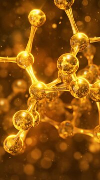 Gold molecular structure floating amid bokeh shimmering nodes and hexagonal rings rotate slowly in warm golden light with floating particles and glitter