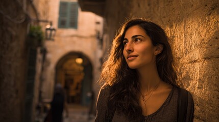 Obraz premium Portrait of a young woman with backpack leaning on a stone wall in a narrow old town street at dusk, warm golden light and shallow depth of field, travel lifestyle concept