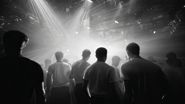A crowd of people stand with their backs to the viewer, gazing towards a bright light source in a dark venue.