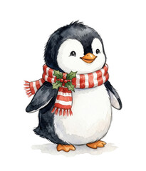 Fototapeta premium Watercolor Christmas penguin with striped scarf and holly, cute winter character isolated on white or transparent background