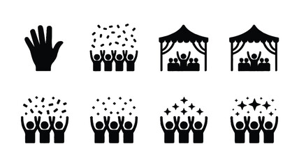 set of black silhouettes people celebrating with hands up and tent © MD HABIBUR