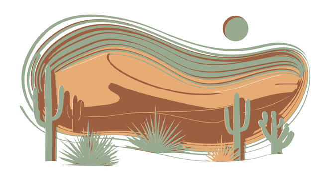 Desert landscape background with cactus, sunrise and flowing retro wave lines, warm boho nature scene for travel posters, western branding, wall art and summer design projects