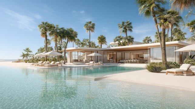 Luxurious modern beachfront property features expansive infinity pool and tropical landscaping