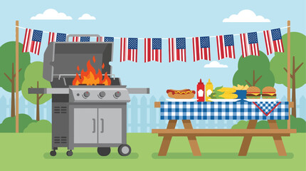 Obraz premium A cheerful flat design vector illustration featuring a barbecue grill with classic Fourth of July foods, symbolizing summer celebrations and family gatherings. 