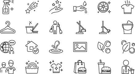 Fototapeta premium Minimal line icons set cleaning home kitchen hygiene delivery support tools outline vector collection for modern UI design