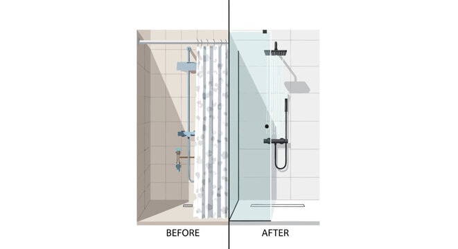 Bathroom Shower Renovation Before and After Comparison: From Outdated Shower Curtain to Modern Walk-in Glass Enclosure with Minimalist Black Fixtures