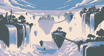 Frozen arctic mountain landscape illustration with icy cliffs, snowy peaks and floating islands in cold blue atmosphere, dramatic winter scene for climate projects, travel posters and fantasy backgrou © shaqi