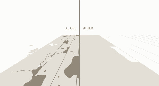 Home Improvement Before and After: Comparison of Damaged Old Flooring and New Clean White Wood Planks