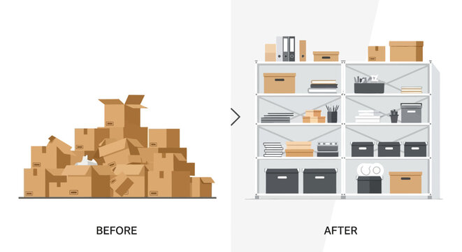 Before and After Organization Comparison: From Messy Pile of Boxes to Neat Storage Shelving Unit Illustration