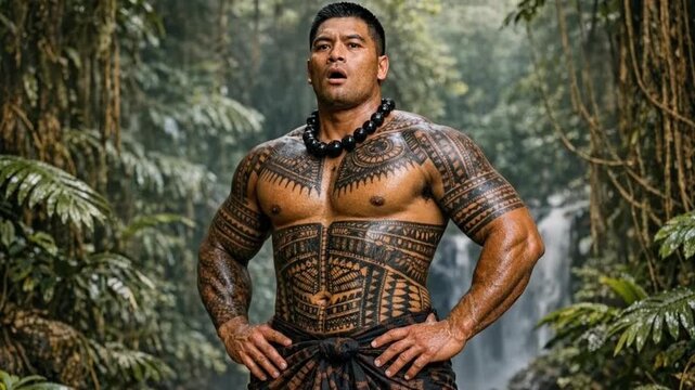 Muscular Polynesian man with traditional tribal tattoos and necklace in a lush tropical rainforest, embodying strength and culture.