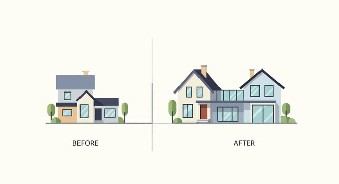 House Renovation Before and After Comparison Vector Illustration: Modern Home Remodeling and Architectural Extension Concept for Real Estate and Construction Marketing