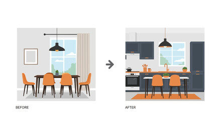 Fototapeta premium Home Renovation Before and After Comparison Vector. Modern Kitchen Remodeling and Dining Room Interior Design Makeover with Furniture and Decor.
