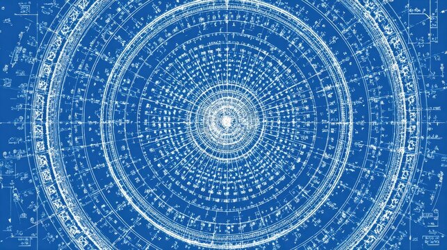 Detailed blueprint design of a circular diagram with intricate lines and symbols on a blue background for scientific illustration