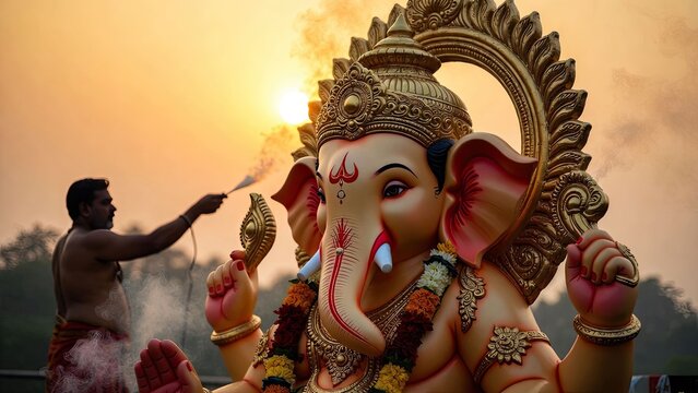Sunrise ganesha puja celebration india gigapixel art vibrant environment serene viewpoint