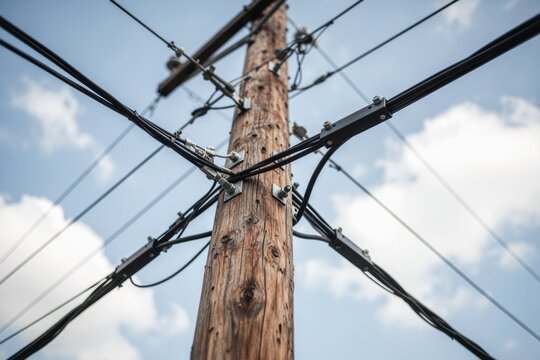 Utility pole with crisscrossing power lines photographed from low angle against sky