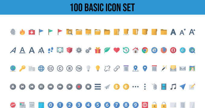 Universal flat icon set featuring multimedia players office tools and website navigation.