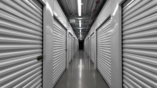 4K stabilized walking footage inside modern self storage facility corridor with metal roll up doors. Clean indoor hallway with repeating units, perspective lines, storage business concept
