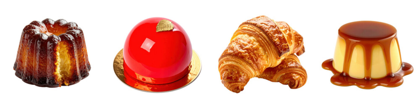 Selection of French desserts including cannele red glazed mousse cake buttery croissant and caramel custard