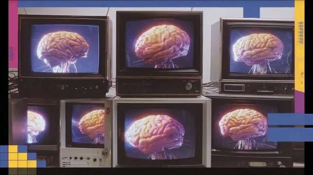 Stack of vintage CRT televisions displaying a glowing human brain on multiple screens, creating a retro futuristic technology and neuroscience concept background